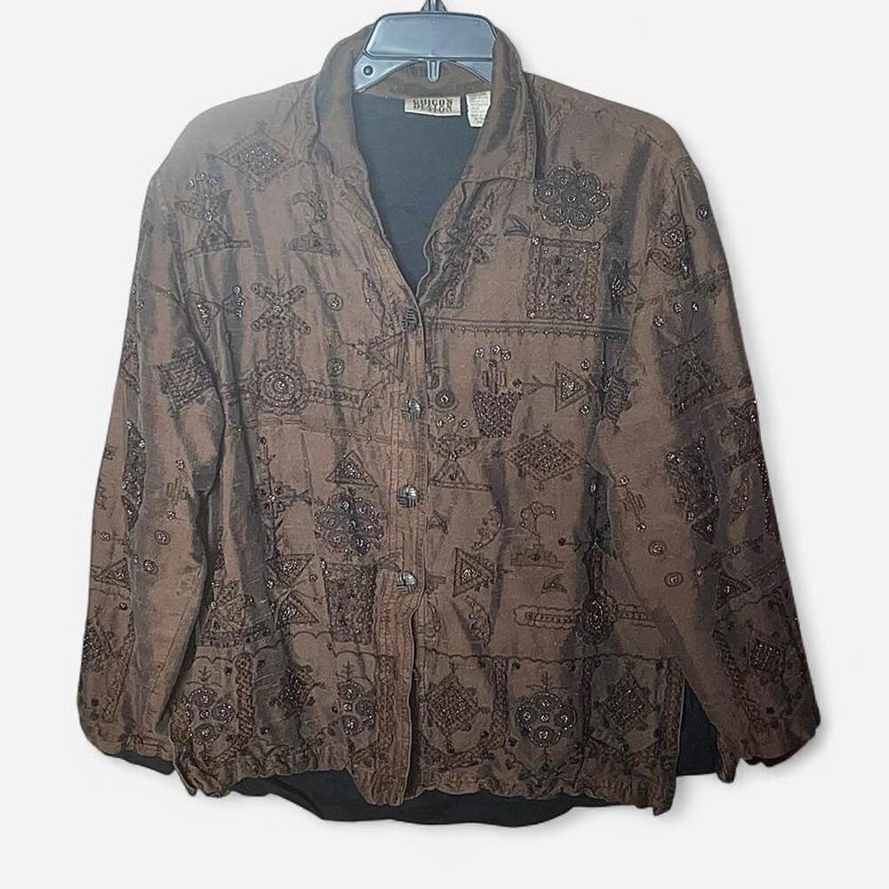 Chico’s Design Brown Silk Embellished Vintage Button Up Jacket – Size M